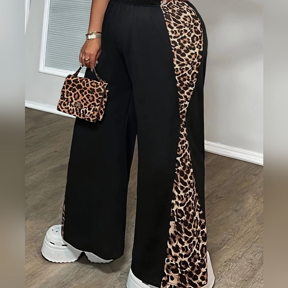 Plus Size Leopard Print Black Wide-Leg Pants